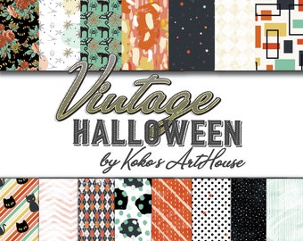 Vintage Halloween digital patterns, fashion girls, autumn, cats, floral, stripes, mid century modern abstracts scrapbooking Planner Stickers