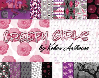 Creepy Girls digital patterns and scenes, skulls, roses, moons, horror, Halloween, fall, abstract, glitter scrapbooking Planner Stickers