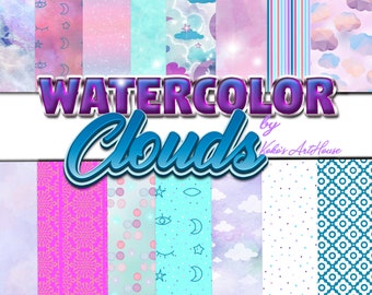 Watercolor clouds digital patterns, galaxy, stars, clouds, and celestial scene, abstract dots, and flowers for scrabooking Planner Stickers