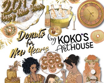 Donuts for New Years Clipart, Fashion Girls, gold, sweets, 2019, glamour , New Year, Glitter graphic digital Clip Art, Planner Stickers
