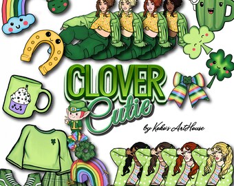 Clover Cutie Clipart, Fashion Girls, St. Patrick's Day, rainbows,  Irish Accessories, Glitter graphic digital Clip Art, Planner Stickers