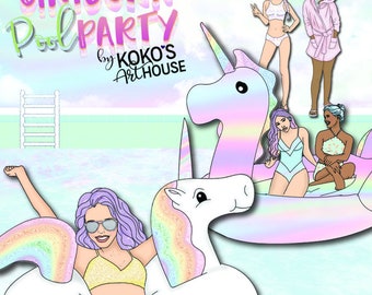 Unicorn Pool Party Clipart, Fashion Girls,floaties, sunglasses, swimwear, and more Glitter graphic digital Clip Art, Planner Stickers