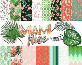 Miami Nice digital patterns, tropical, palm leaves, flamingo, abstract, watercolor scrabooking Planner Stickers