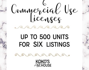 Single Commercial License for SIX listings in shop / Valid for up to 500 units sold / No Credit Required Extended License Kokos Art House