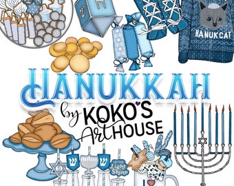 Hanukkah add on to go Blue Christmas Clipart and Patterns, holiday, dreidel, star of David,  graphic digital Clip Art, Planner Stickers