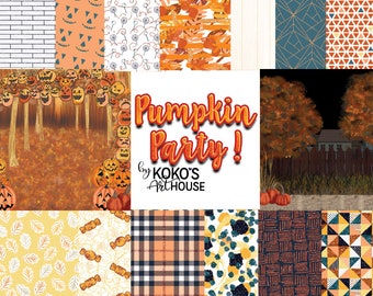 PUMPKIN PARTY digital patterns, Autumn, Fall, fashion, 2 SCENES,plaid, leaves, candy, abstracts scrapbooking glitter Planner Stickers