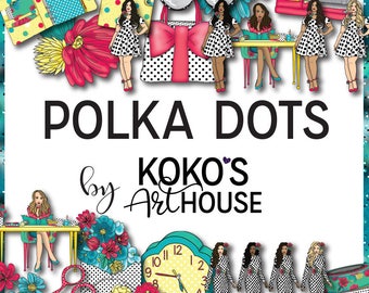 Polka Dots Coffee  Clipart, Fashion Girls, florals, flowers, planner, desk, stationary Glitter graphic digital Clip Art, Planner Stickers