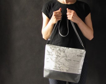 Waterproof World Map Crossbody Bag | Vegan Messenger Bag | Grey World Map Bag | Vegan Map Crossbody Bag | Waterproof Bag | Geography Bag