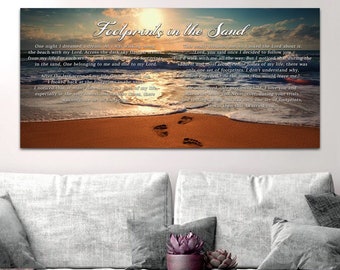 To Water #11 Footprints in the Sand Wall Art Decor Canvas Hanging Print Framed Poem Prayer Sign for Home Jesus Carried Me Footsteps