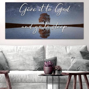 Árbol # 3 Letrero &#39;Dáselo a Dios y vete a dormir&#39; Decoración de arte de pared Colgante Cita cristiana Refranes Versículo bíblico Obra de arte Lámina enmarcada