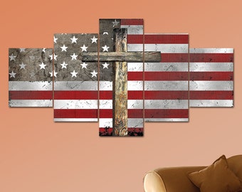 The Cross #2 American Flag Patriotic Wall Art Decor Canvas Hanging Print Framed Sign Patriot God bless America Veteran Military Decorations