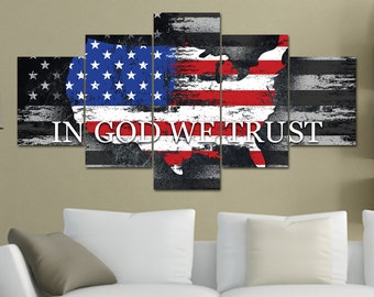 In God We Trust #18 American Flag Patriotic Wall Art Decor America Canvas Hanging Print Framed Sign Patriot Veteran Military Decorations