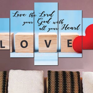 Blocks #4 Love the Lord your God with All Your Heart Soul Mind Wall Art Canvas Framed Matthew 22:37 Mark 12 30 Luke 10 27 Hanging Decor
