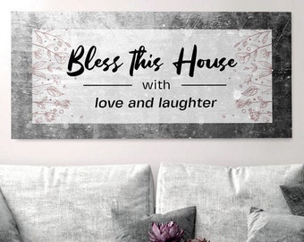 Błogosław temu domowi miłością i śmiechem Chrześcijańskie znaki do wystroju domu z wersetem biblijnym | Rustykalny | Chrześcijańska sztuka ścienna | Pismo Święte | BibleVerse