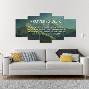 May include: A multi-panel canvas wall art featuring a scenic landscape with rolling hills and a quote from Proverbs 3:5-6: "Trust in the Lord with all your heart and lean not on your own understanding; In all your ways submit to him, and he will make your paths straight."