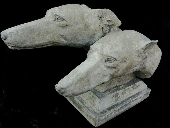Greyhound dog heads pair on plinth frost proof stone garden ornament