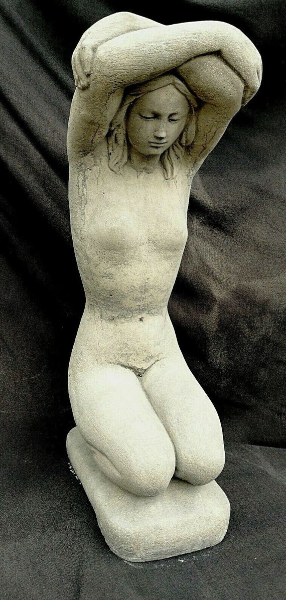 Naked lady stone garden ornament girl statue kneeling arms over head