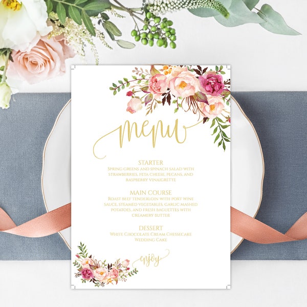 Menu template, editable menu, rustic wedding menu, dinner menu, rustic menu, DIY menu, printable menu card, DIY wedding menu, wedding A104