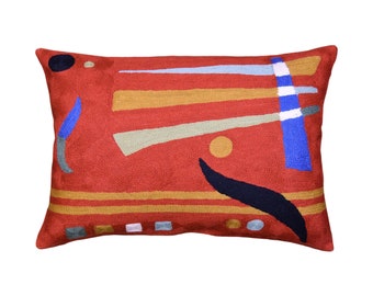 Orange Lumbar Pillow Cover Kandinsky Abstract Modern Pillowcase Contemporary Chair Cushion Sofa Farmhouse Couch Hand Embroidered  Wool 14x20