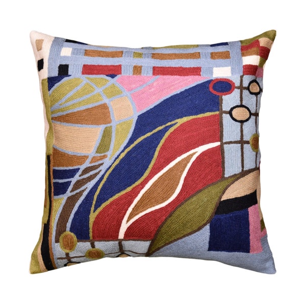 Hundertwasser Decorative Pillow Cover Red Blue  Biomorph II Farmhouse Chair Pillowcase Accent Toss Cushion Hand Embroidered Wool Size 18x18