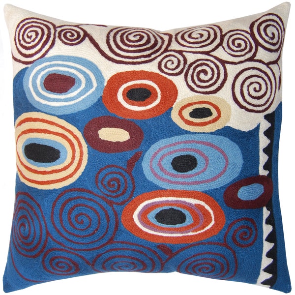 Klimt Blue Decorative Pillow Cover Farmhouse Chair Cushion Modern Sofa Pillowcase Outdoor Chair Cushions HandEmbroidered Wool Size 18x18