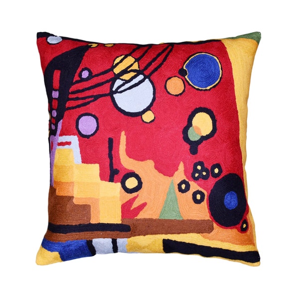 Kandinsky Pillow Cover Heavy Red Decorative Abstract Pillowcase Farmhouse Chair Accent Sofa Cushion Couch Hand Embroidered Wool Size 18x18