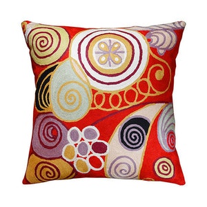 Hilma Al Klint Bright Red Decorative Pillow Cover Hand Embroidered Wool 18x18"