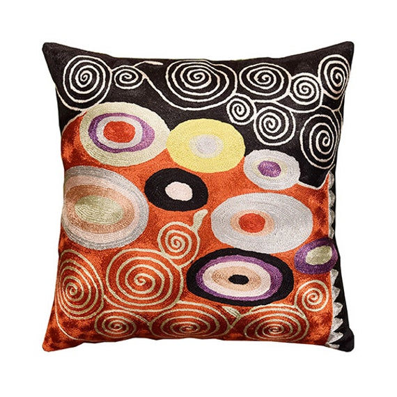 Klimt Red Rust Swirls Decorative Pillow Cover Hand Embroidered Etsy