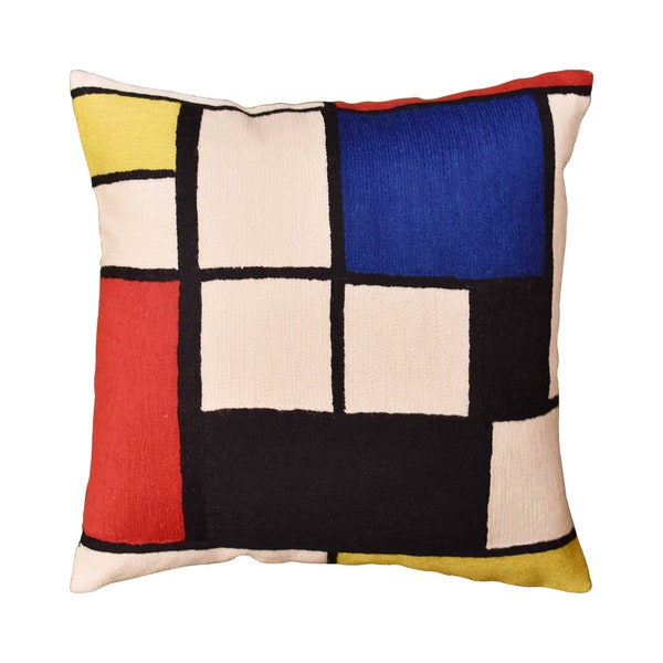 Tableau Decorative Pillow Cover Piet Mondrian Farmhouse Chair Pillowcase Accent Toss Cushion Kids Room Hand Embroidered Wool Size 18x18