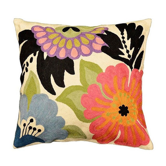 Modern Floral Design Pillow Cover I Hand Embroidered Wool Etsy