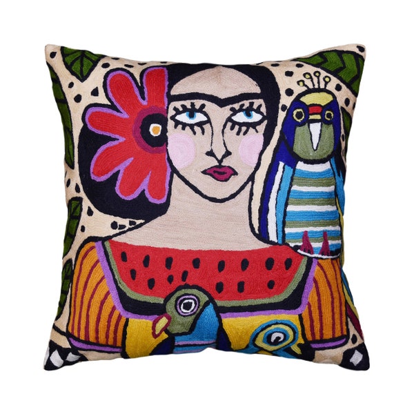Frida Kahlo Inspired Pillow Cover Mexican Art Pillowcase Parrot II Hispanic Throw Pillows Cushions Fawn Hand embroidered Wool Size-18x18