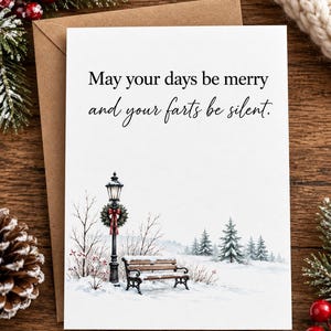 May include: A white greeting card with the black text May your days be merry and your farts be silent. The card features a watercolor illustration of a snow-covered park scene with a black lamp post, a wreath, and a wooden bench.