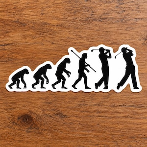 May include: A black and white sticker featuring a graphic illustration of human evolution, starting with a primate and progressing through various stages to a person swinging a golf club. The design is presented as a continuous silhouette sequence.
