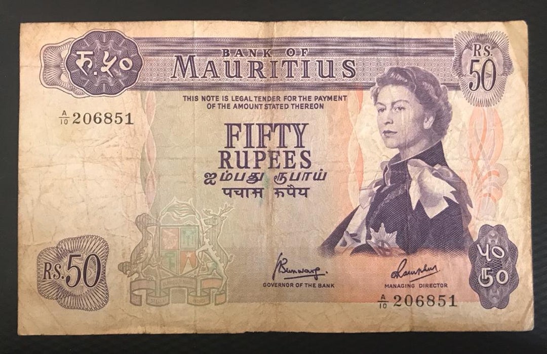 Rare Maurice 1967 Queen Elizabeth 50 Roupies Préfixe A10 100% ...