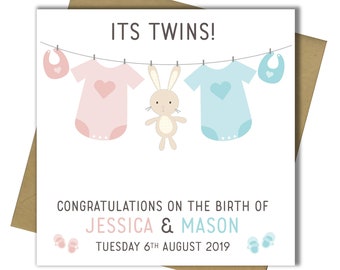 Handmade Paper Cut Personalised Baby Twins Card
