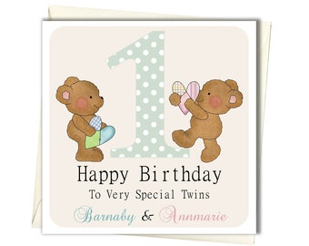 Twins First Birthday Card Two Little Rabbits Card Birthday Etsy