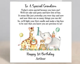 GRANDSON 1st Birthday Card Personalised Grandson First Birthday Card 1st Birthday Card For Grandson Jungle Safari Animals 1st Birthday Card