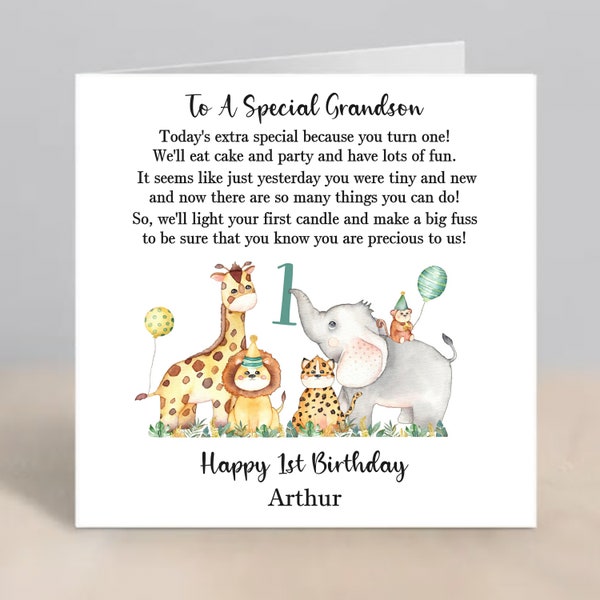 GRANDSON 1st Birthday Card Personalised Grandson First Birthday Card 1st Birthday Card For Grandson Jungle Safari Animals 1st Birthday Card