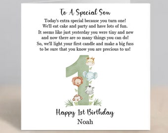 SON 1st Birthday Card Personalised Son First Birthday Card 1st Birthday Card For Son Jungle Safari Animals 1st Birthday Card