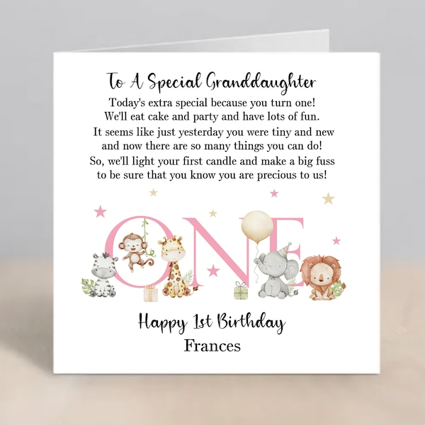 GRANDDAUGHTER 1st Birthday Card Personalised Granddaughter First Birthday Card Granddaughter Safari Jungle 1st Birthday Card