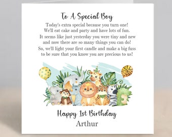 1st Birthday Card, Personalised First Birthday Card For Boy Grandson Son Nephew Godson Brother Jungle Safari Animals 1st Birthday Card