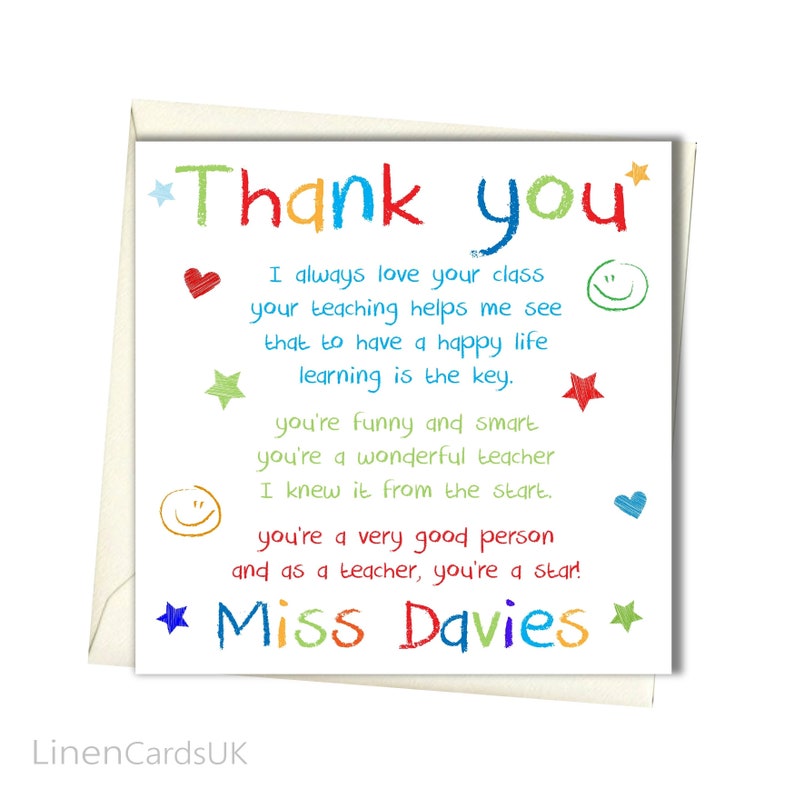 Personalised Teacher THANK YOU Card Teacher Class Assistant Etsy