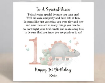 NIECE 1st Birthday Card Personalised Niece First Birthday Card Niece Dinosaur 1st Birthday Card