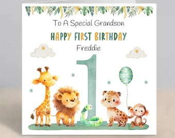 GRANDSON 1st Birthday Card Personalised Grandson First Birthday Card 1st Birthday Card For Grandson Jungle Safari Animals 1st Birthday Card