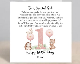 1st Birthday Card, Personalised First Birthday Card Girl Granddaughter Daughter Niece Goddaughter Sister Forest Woodland 1st Birthday Card