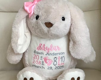 May include: A plush beige stuffed rabbit with long ears and a pink satin bow on its head. The white belly features embroidered text: Skylar, Dawn Anderson, 20 in, 8 pounds 10 oz, 2:58 pm, March 28, 2025, and two small pink baby footprints.