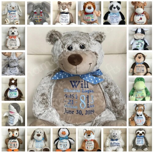Birth Announcement Stuffed Animal Embroidered Personalized Etsy