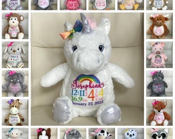 Personalized Stuffed Animal, Personalized Baby Gift, Birth Announcement Stuffed Animal, Birth Info stuffed animal, Custom message teddy bear