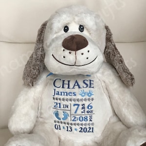 Personalized Stuffed Animal, Personalized Baby Gift,  Dog Gift, Birth Announcement Stuffed Animal, Dog Plush, Ivory Dog