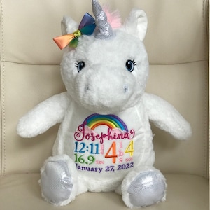 Personalized Stuffed Animal, Personalize Baby Gift, Birth keepsakes, Rainbow baby, Unicorns and rainbows, Newborn gift, Rainbow baby gift